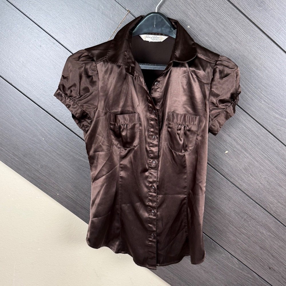 Speechless Lot of Love Women Satin Button Up Blouse Small Brown Puff Sleeve Y2K